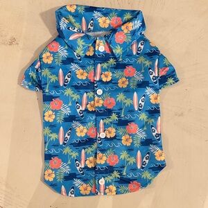Tropical Blue Hawaiian Dog Shirt with Surfboard and Floral Print
